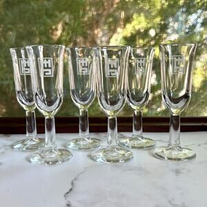 Vintage Geometric Etched Cordial Glasses Set of 6 Small Stemware